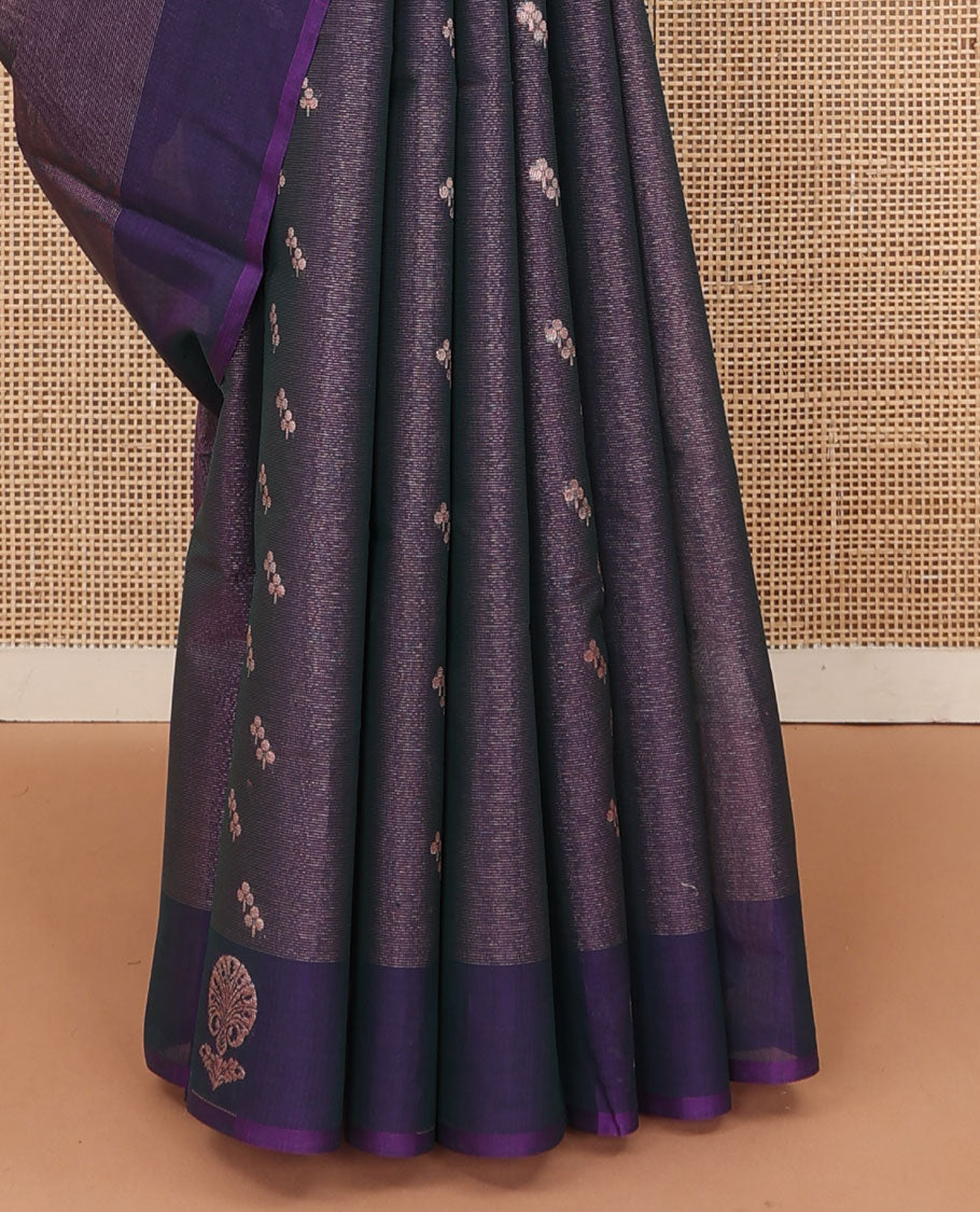 Blue zari buttas silk cotton saree, contrast zari floral motifs border, and zari rich jaal pallu