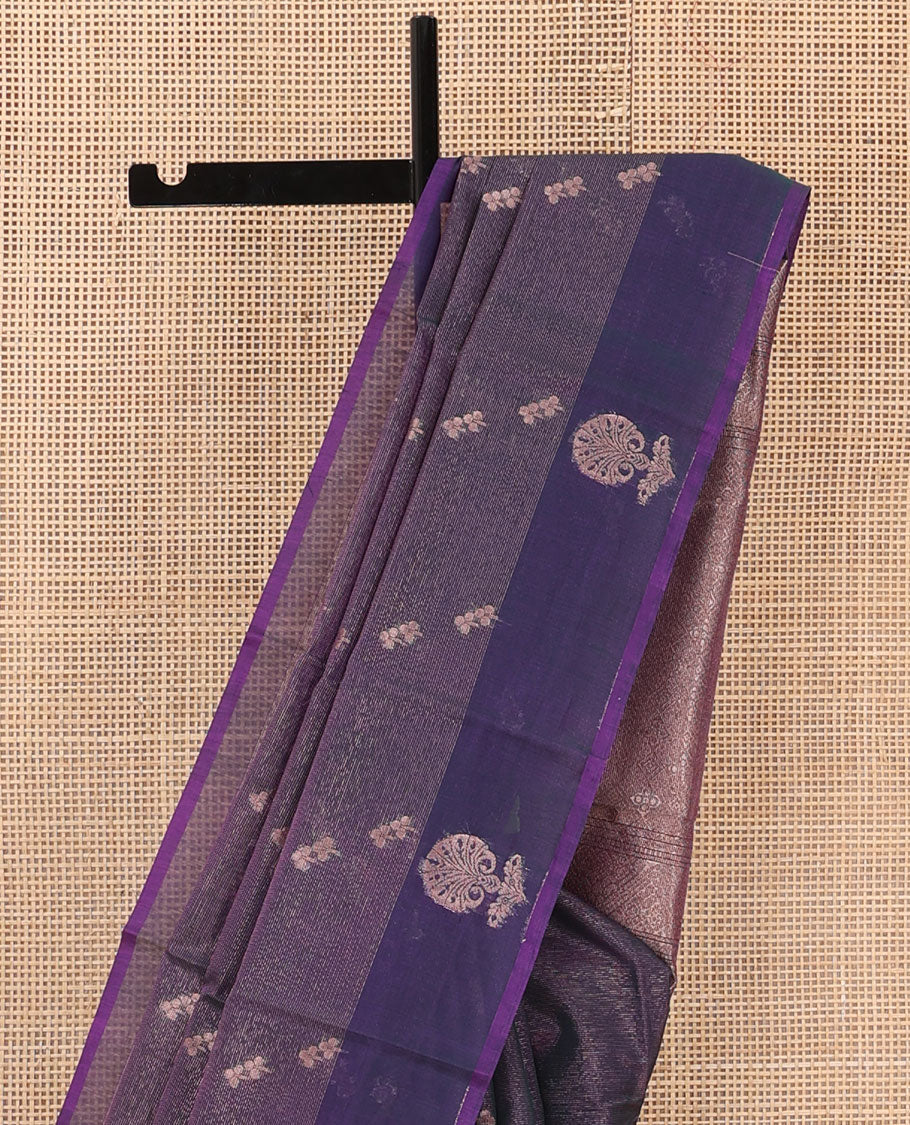 Blue zari buttas silk cotton saree, contrast zari floral motifs border, and zari rich jaal pallu