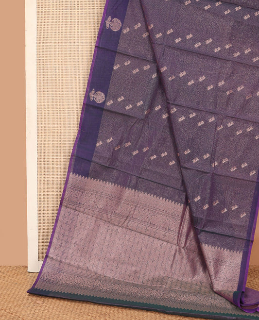 Blue zari buttas silk cotton saree, contrast zari floral motifs border, and zari rich jaal pallu