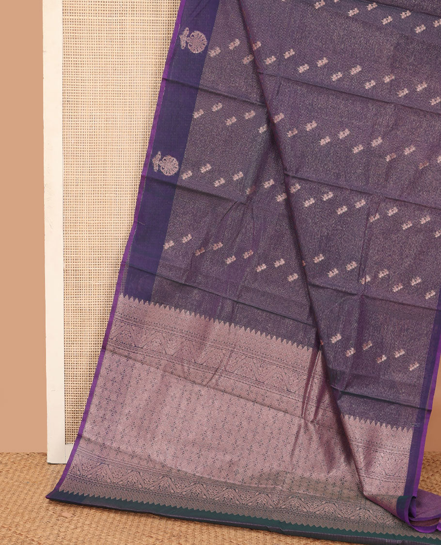 Blue zari buttas silk cotton saree, contrast zari floral motifs border, and zari rich jaal pallu