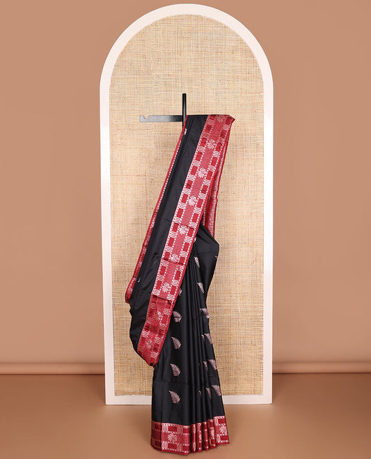 Black leaf motifs soft silk saree with contrast zari design border & floral design pallu