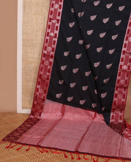 Black leaf motifs soft silk saree with contrast zari design border & floral design pallu