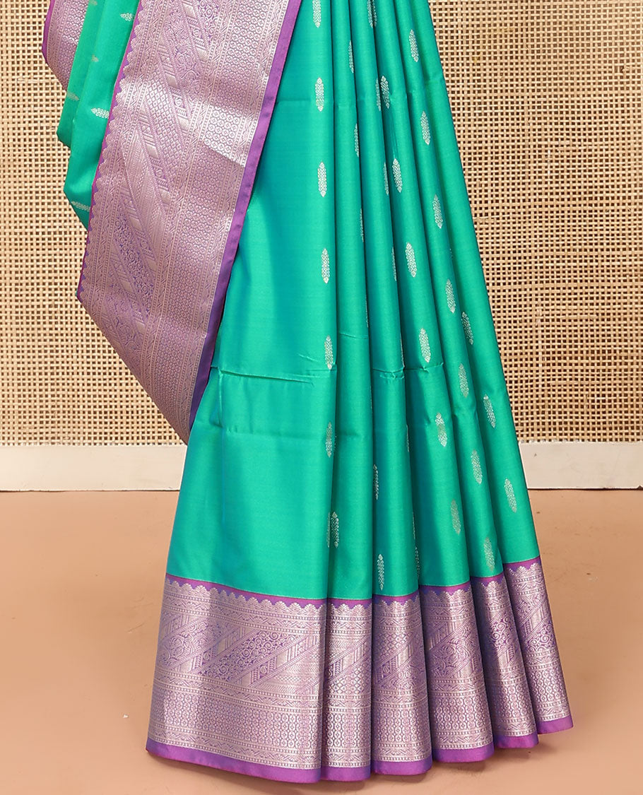 Green zari buttas soft silk saree, contrast traditional zari design woven border, and pallu of zari weave