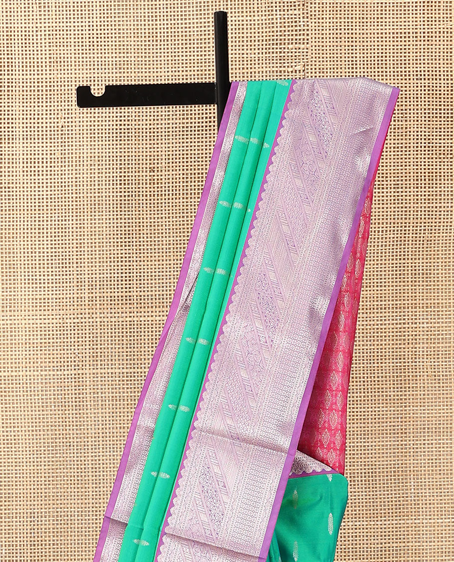 Green zari buttas soft silk saree, contrast traditional zari design woven border, and pallu of zari weave