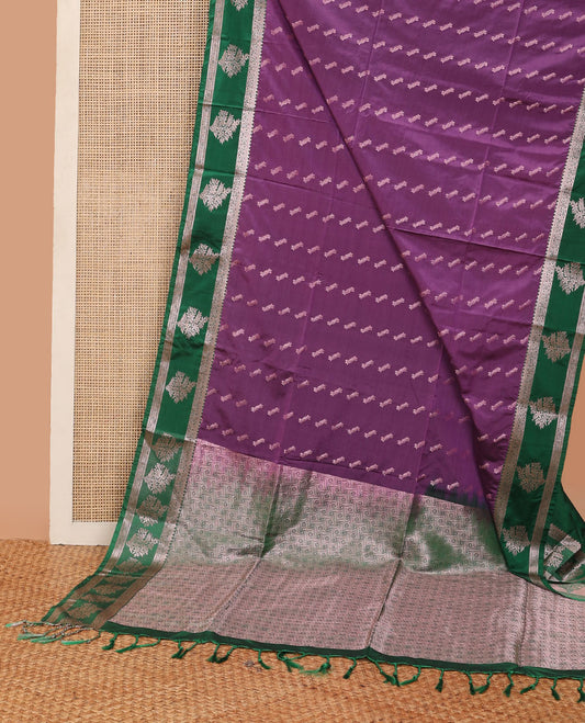 Violet semi-soft silk saree with zari buttas, contrast floral zari design border & pallu of intricate designs