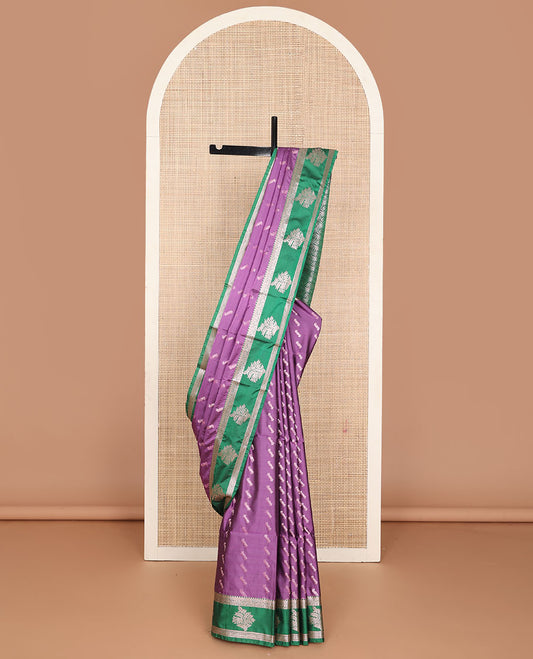 Violet semi-soft silk saree with zari buttas, contrast floral zari design border & pallu of intricate designs