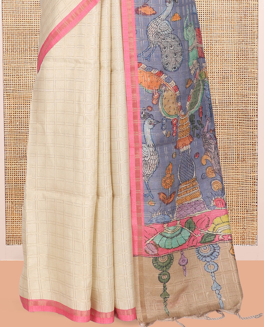 Cream Fancy Tussar Silk Saree, Embellished with Checked Design, Contrast Zari Piping Border, Pallu of Kalamkari Motifs, and Contrast Kalamkari Printed Blouse