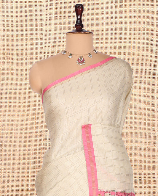 Cream Fancy Tussar Silk Saree, Embellished with Checked Design, Contrast Zari Piping Border, Pallu of Kalamkari Motifs, and Contrast Kalamkari Printed Blouse