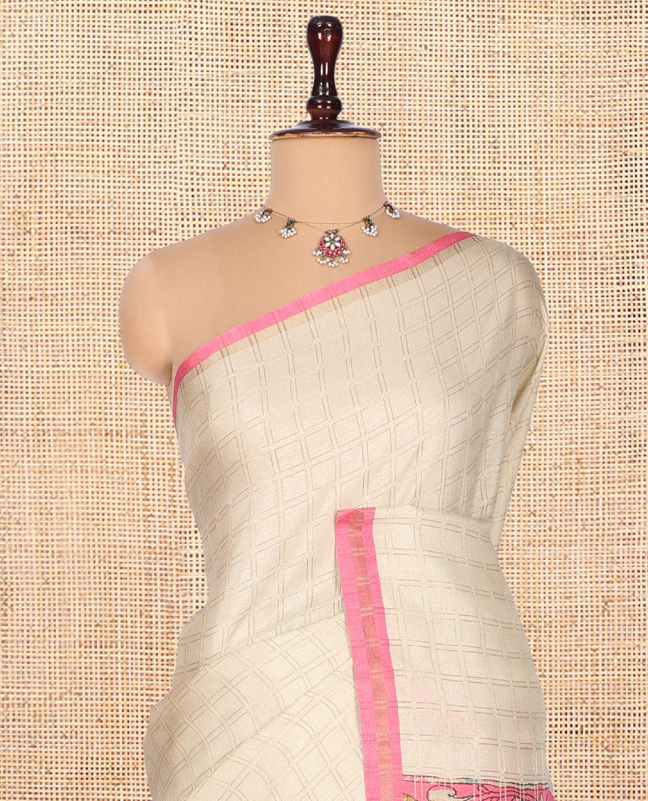 Cream Fancy Tussar Silk Saree, Embellished with Checked Design, Contrast Zari Piping Border, Pallu of Kalamkari Motifs, and Contrast Kalamkari Printed Blouse