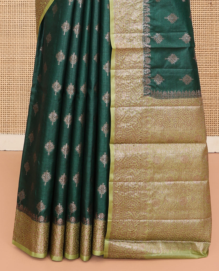 Green Tussar Silk Saree, Elevated with Zari Buttas, a Contrast Zari Border, Grand Pallu, and a Contrast Blouse