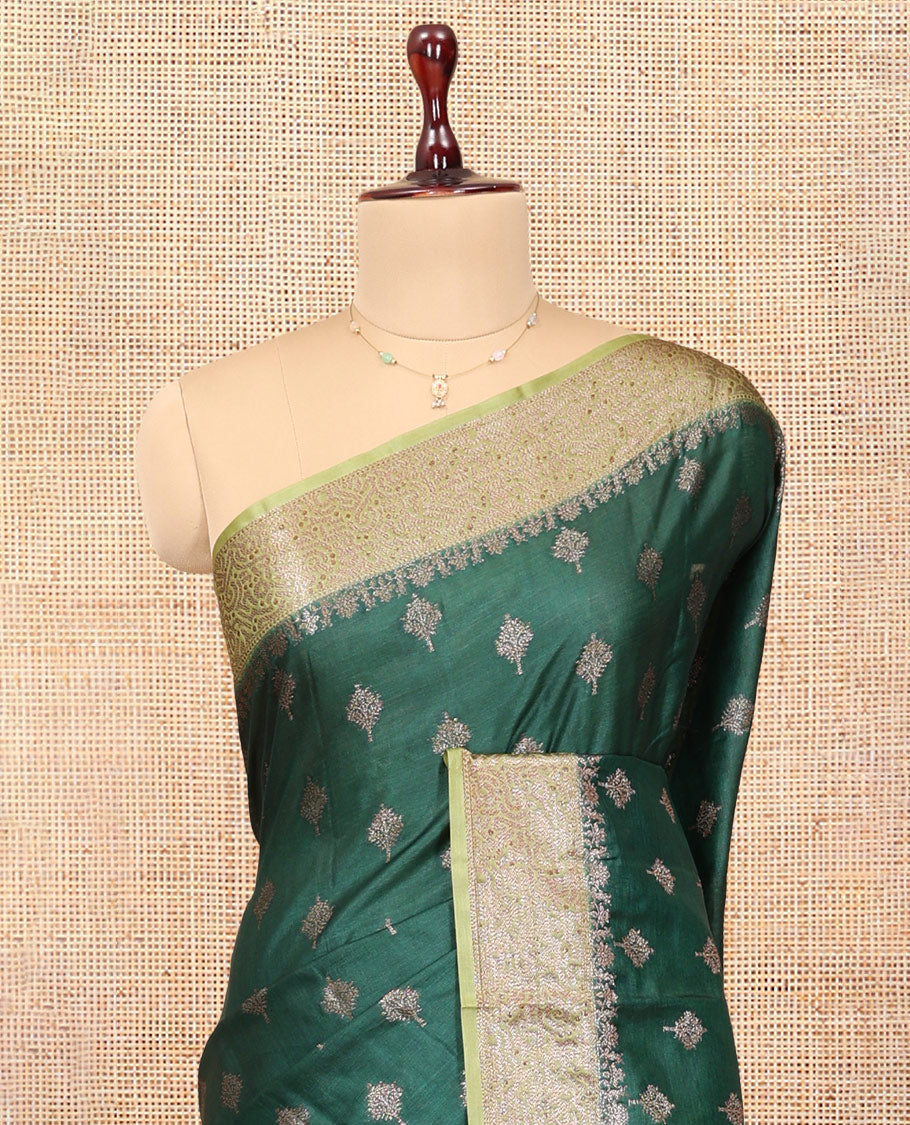 Green Tussar Silk Saree, Elevated with Zari Buttas, a Contrast Zari Border, Grand Pallu, and a Contrast Blouse