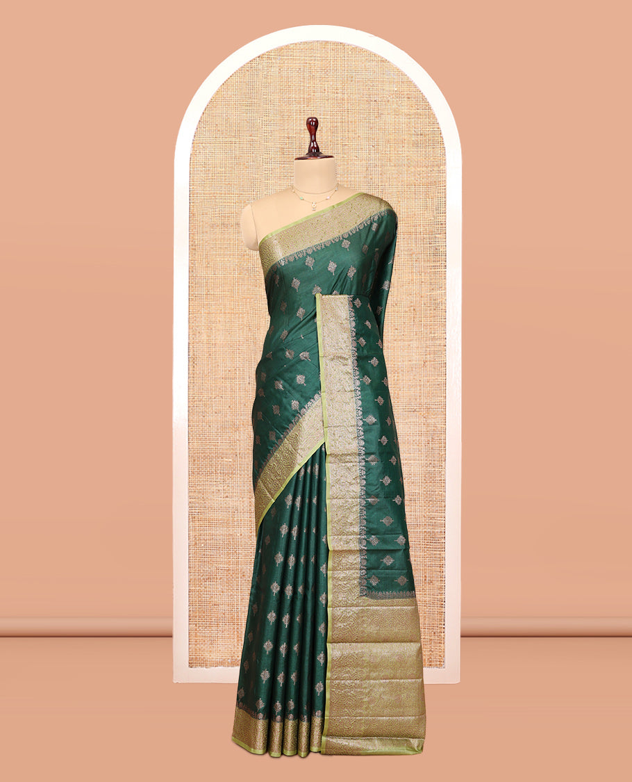 Green Tussar Silk Saree, Elevated with Zari Buttas, a Contrast Zari Border, Grand Pallu, and a Contrast Blouse