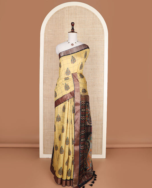 Yellow buttas enclosed, checked tussar silk saree, contrast plain border and Mughal floral printed pallu