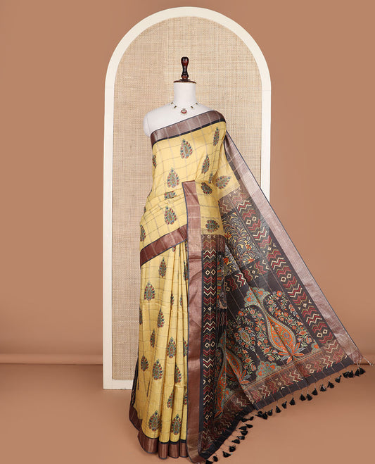 Yellow buttas enclosed, checked tussar silk saree, contrast plain border and Mughal floral printed pallu
