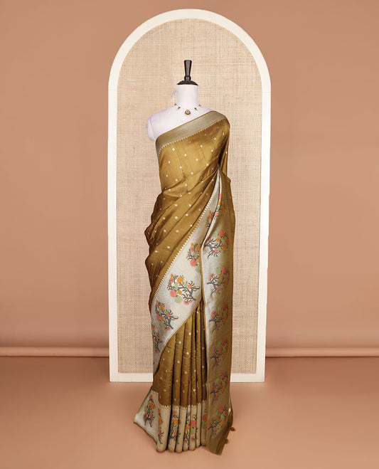 Mustard buttas Matka silk saree, temple floral design temple border, and floral design pallu