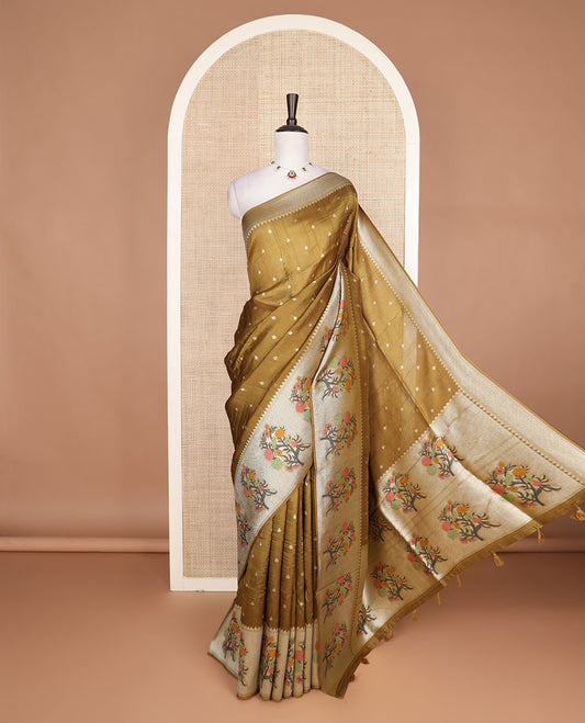 Mustard buttas Matka silk saree, temple floral design temple border, and floral design pallu