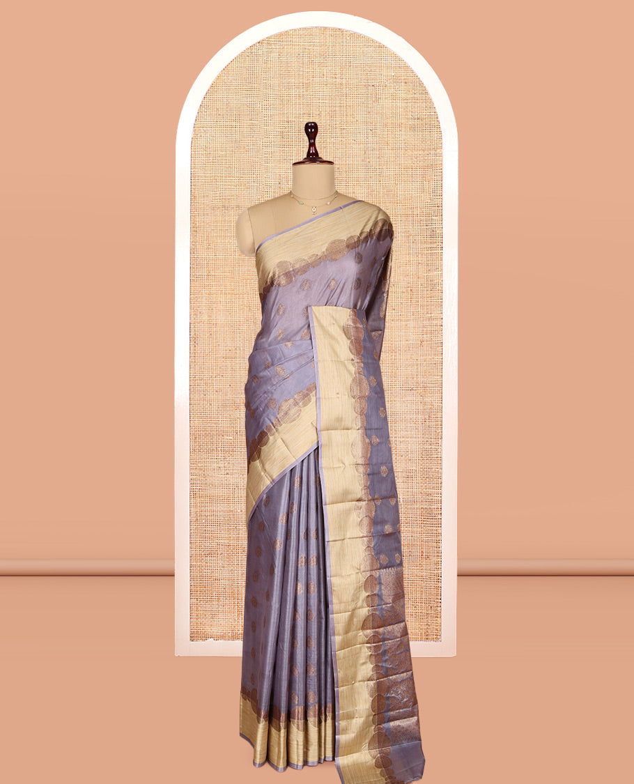 Grey Tusser Silk Saree, Accentuated with Zari Buttas, a Contrast Zari Border, Grandly Decked Up Pallu, and a Matching Blouse