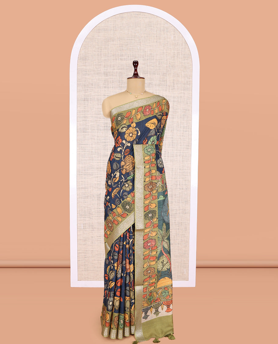 Navy Blue Kalamkari Printed Fancy Tussar Saree