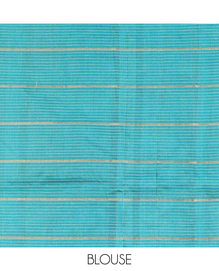 Blue micro-checked with zari design tussar silk saree, self-border, and striped pallu