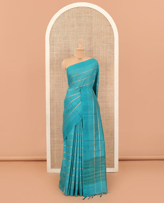 Blue micro-checked with zari design tussar silk saree, self-border, and striped pallu