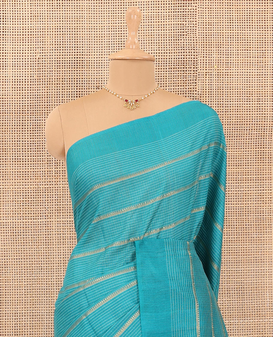 Blue micro-checked with zari design tussar silk saree, self-border, and striped pallu