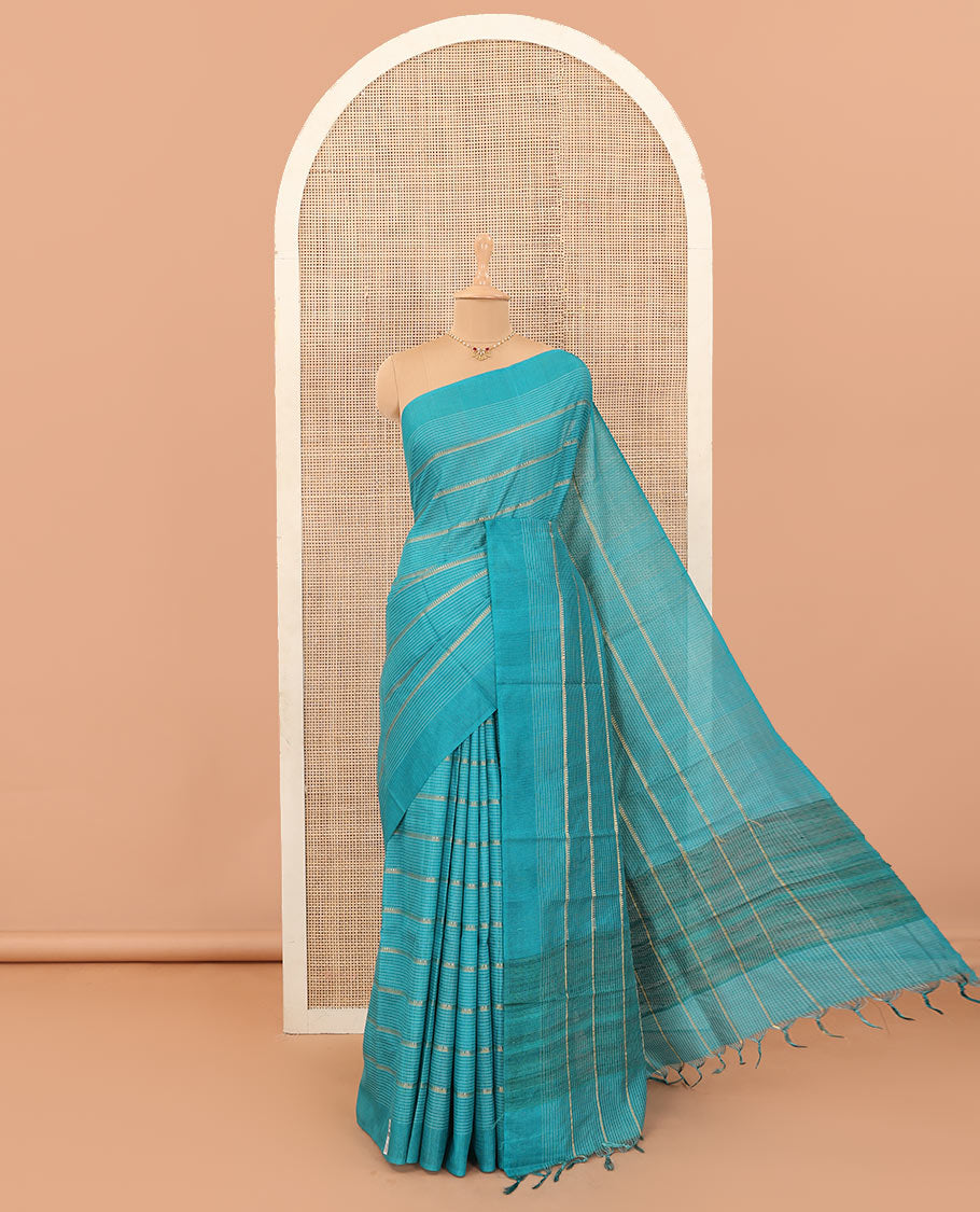 Blue micro-checked with zari design tussar silk saree, self-border, and striped pallu