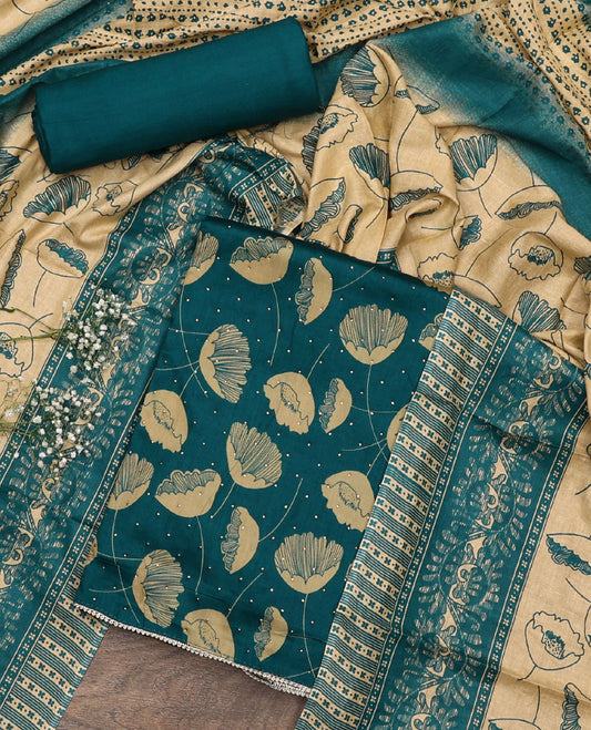 Blue material chudidar set, floral motifs printed and stone work top, plain bottom, and floral motifs printed dupatta