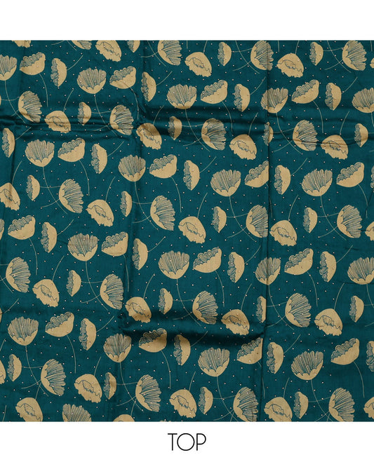 Blue material chudidar set, floral motifs printed and stone work top, plain bottom, and floral motifs printed dupatta