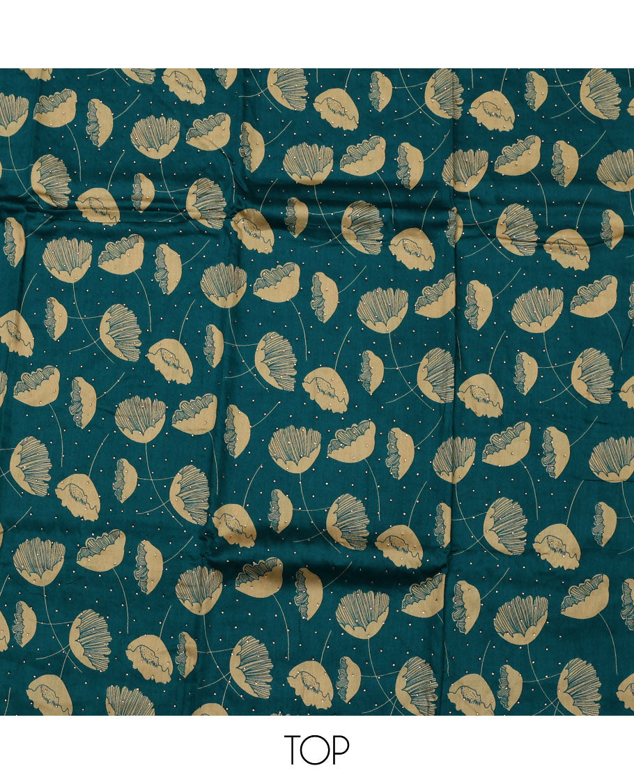 Blue material chudidar set, floral motifs printed and stone work top, plain bottom, and floral motifs printed dupatta