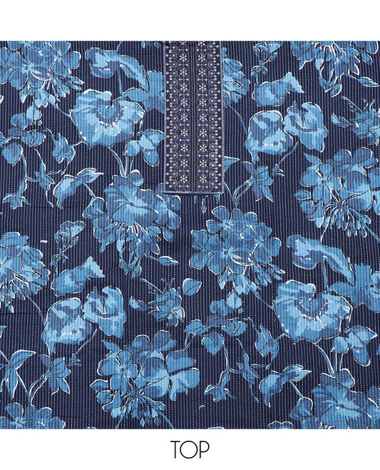 Blue material churidar set, floral print and neck embroidered top, plain bottom, and a floral embroidered dupatta