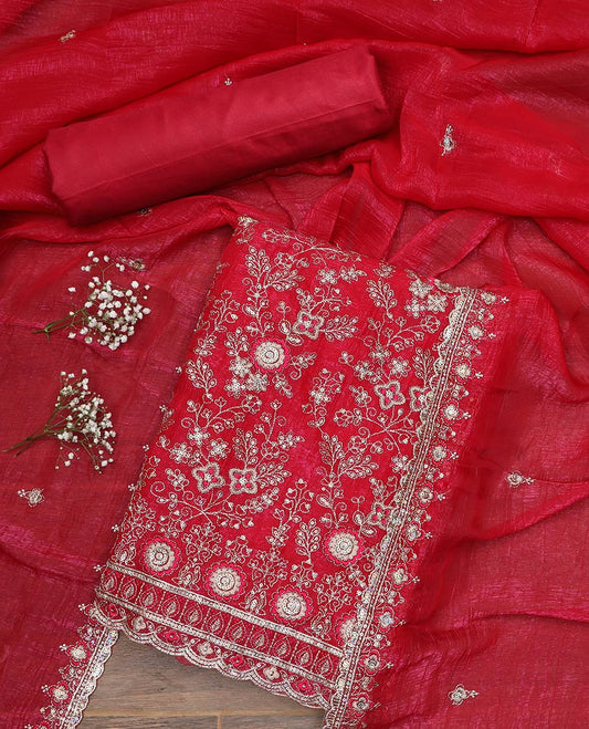 Red material chudidar set, floral jaal heavy embroidered top, plain bottom and sequins embroidered scallop duppata