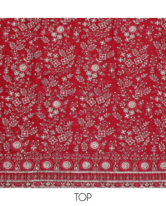 Red material chudidar set, floral jaal heavy embroidered top, plain bottom and sequins embroidered scallop duppata