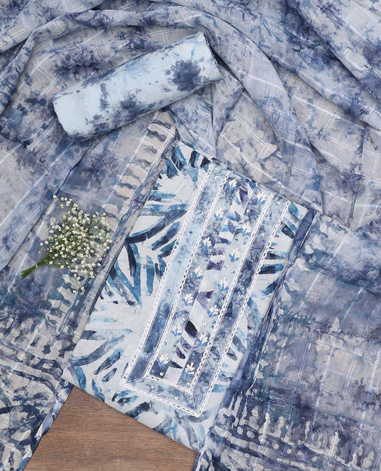 Light blue chudidhar material set batik print top, plain bottom & batik print dupatta