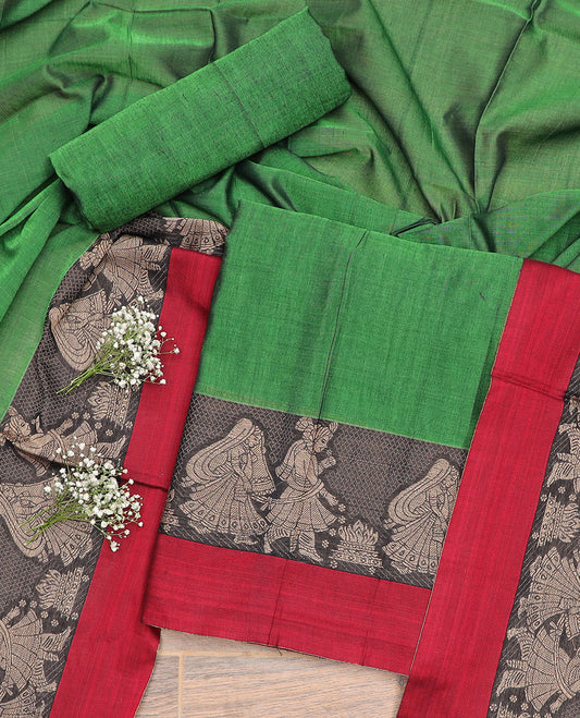 Green wedding design chudidhar material top with plain bottom & plain, intricate zari design border dupatta