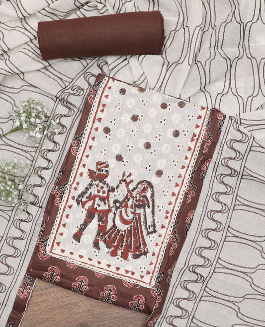 Brown material chudidar set, Ajrakh floral motifs with neck patch embroidered top, plain bottom and contrast thread geometric patterns woven dupatta