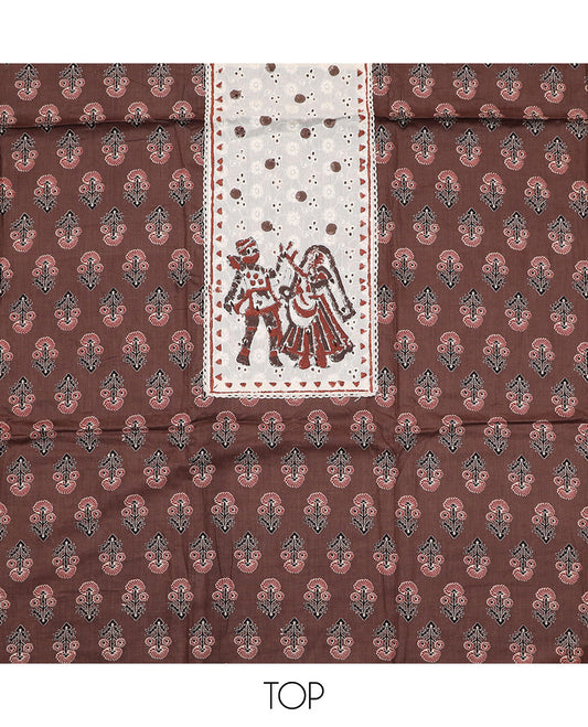 Brown material chudidar set, Ajrakh floral motifs with neck patch embroidered top, plain bottom and contrast thread geometric patterns woven dupatta