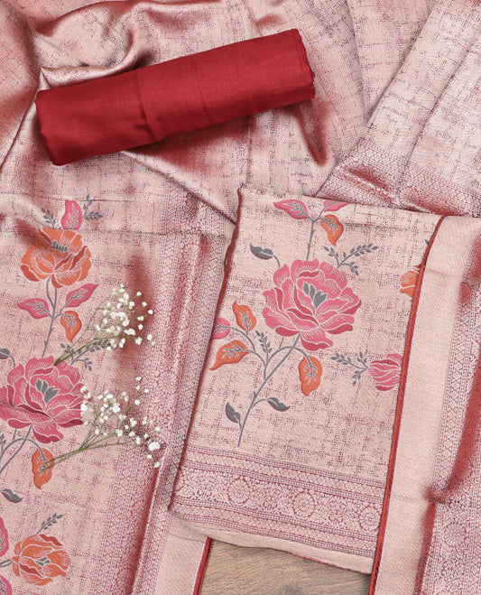Peach Material Churidar Set, Finely Crafted with Floral Prints on Its Banarasi-Silk Top, a Contrast Rayon Bottom, and Floral Printed Dupatta