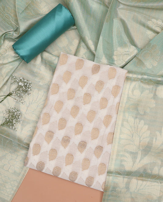 Cream chudidhar material set, foral motifs top , blue plain bottom & floral zari design dupatta