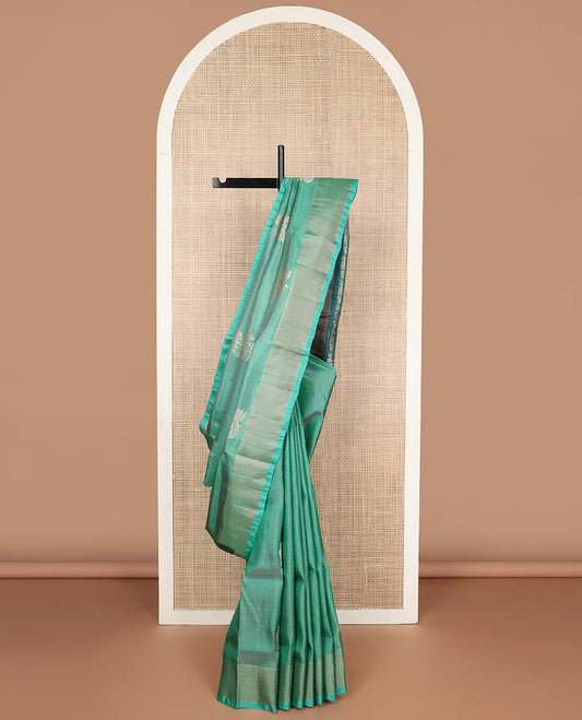 Sea green motifs uppada silk saree with self zari border & floral design pallu