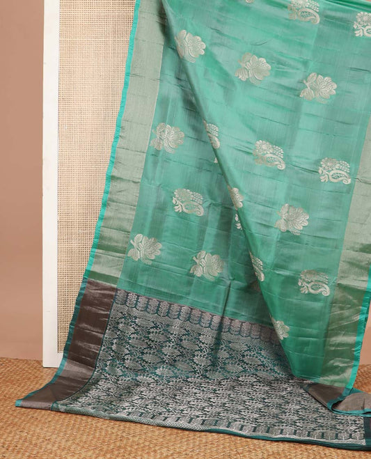 Sea green motifs uppada silk saree with self zari border & floral design pallu