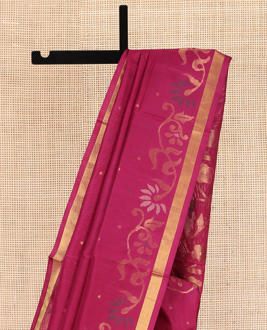 Maroon Uppada Silk Saree, Steeped with Buttas and Jamdani-Style Floral Designs All Over Its Body, Subtle Bavanji Border, Pallu of Jamdani Floral Designs, and Paired with a Matching Blouse