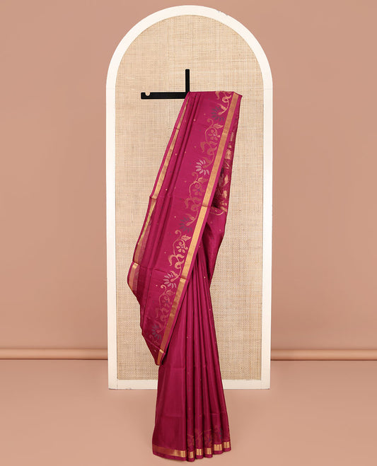 Maroon Uppada Silk Saree, Steeped with Buttas and Jamdani-Style Floral Designs All Over Its Body, Subtle Bavanji Border, Pallu of Jamdani Floral Designs, and Paired with a Matching Blouse