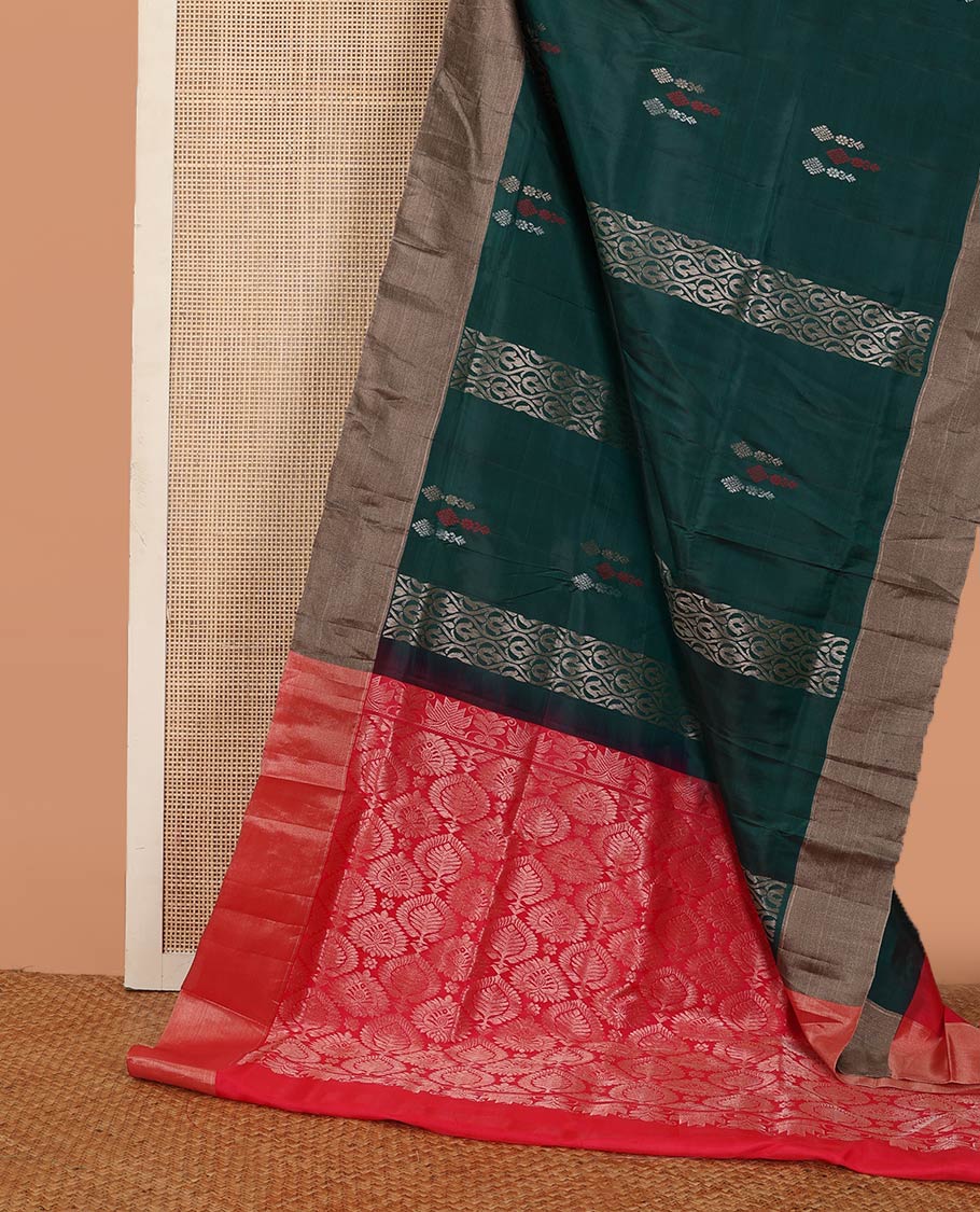 Green zari buttas and zari design Uppada saree, bavanji border, and contrast intricate pallu