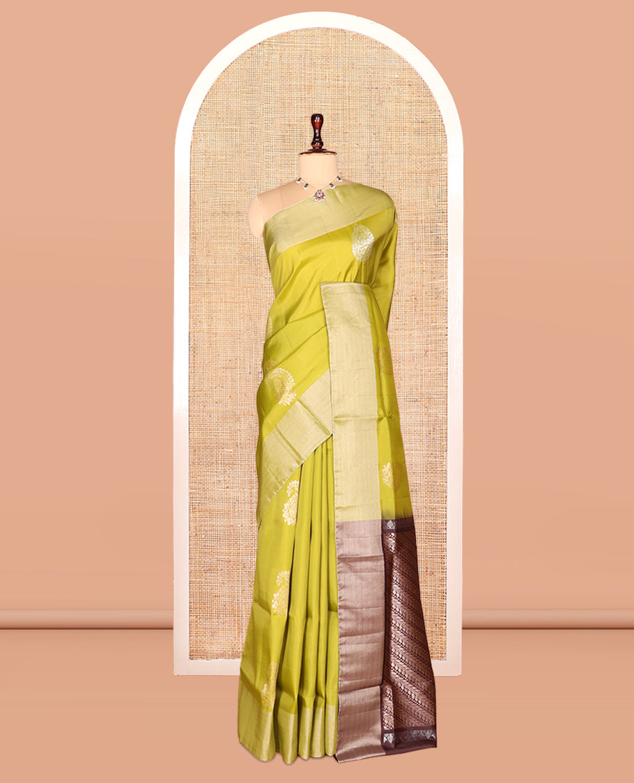 Green Semi Uppada Saree, Embellished with Zari Buttas, a Bavanji Border, Contrast Diagonal Leaf Vine Pallu, and a Contrast Blouse