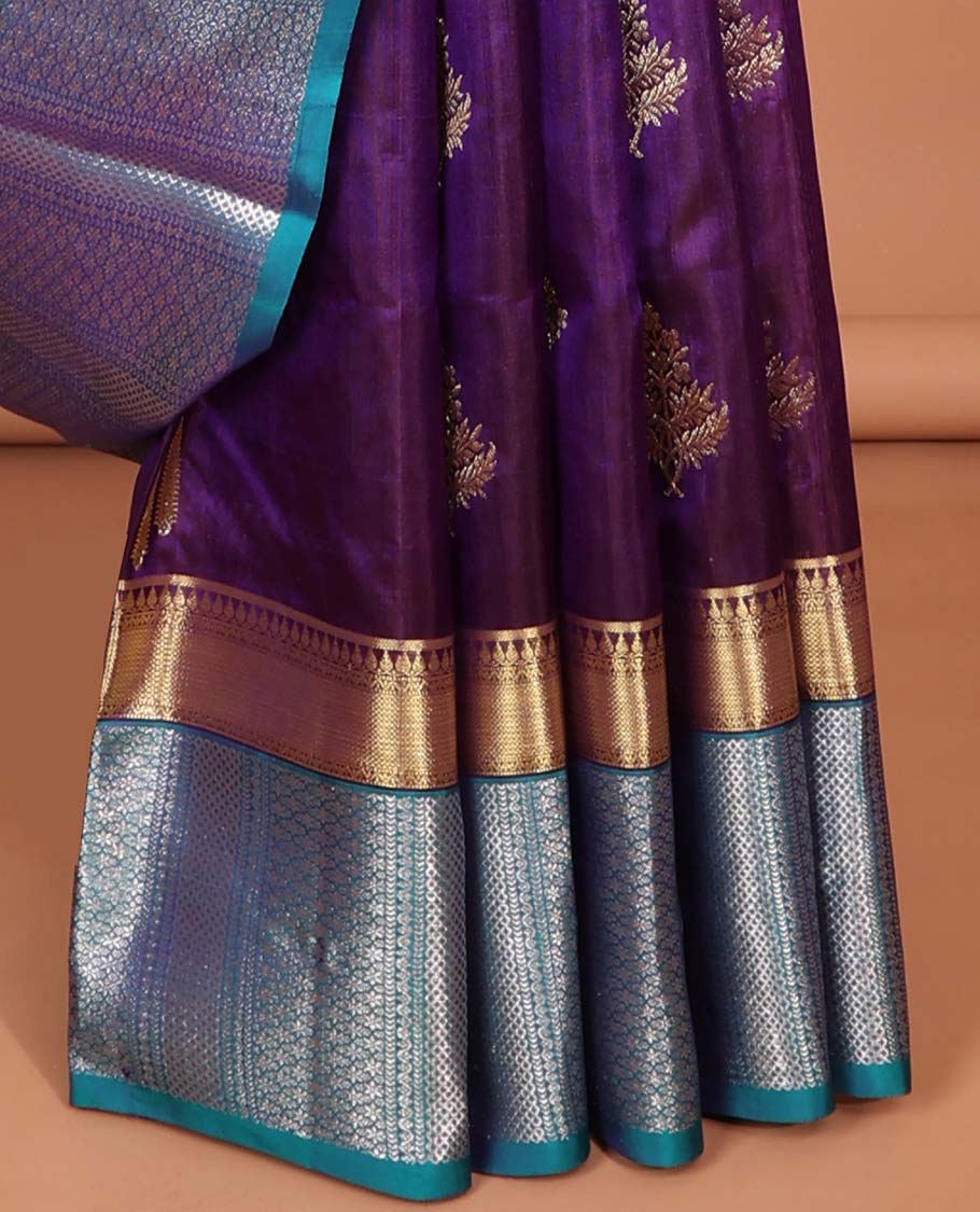 Purple Floral motifs vengatagiri pure silk saree , contrast traditional border & intricate zari design pallu