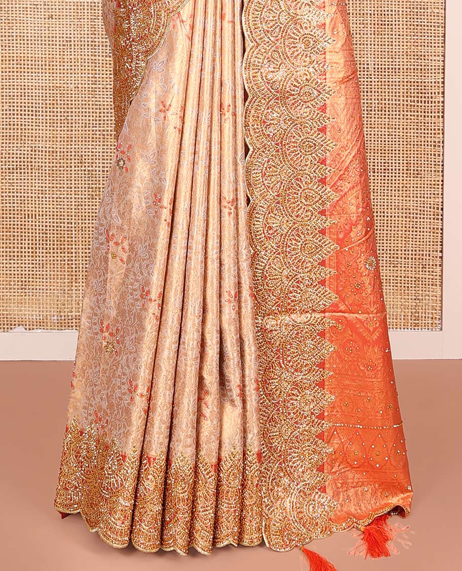 Sandal Vastrakala Silk Saree, Entralled with Jacquard and Embroidery Work, Complemented by Contrast Zari and Patch Embroidered Border, Mughal-style Design Stone Work Pallu, and Paired with Contrast Heavy Embroidered Blouse
