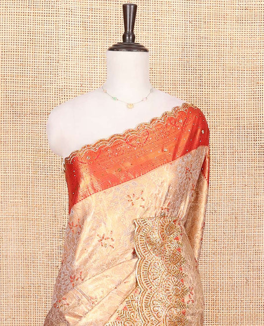 Sandal Vastrakala Silk Saree, Entralled with Jacquard and Embroidery Work, Complemented by Contrast Zari and Patch Embroidered Border, Mughal-style Design Stone Work Pallu, and Paired with Contrast Heavy Embroidered Blouse