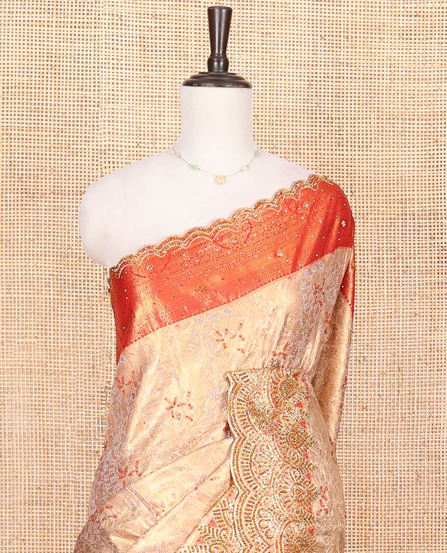 Sandal Vastrakala Silk Saree, Entralled with Jacquard and Embroidery Work, Complemented by Contrast Zari and Patch Embroidered Border, Mughal-style Design Stone Work Pallu, and Paired with Contrast Heavy Embroidered Blouse
