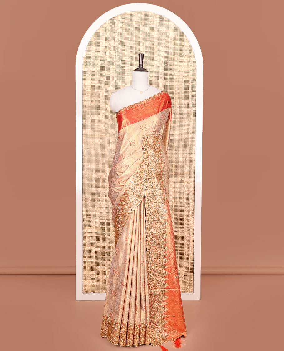 Sandal Vastrakala Silk Saree, Entralled with Jacquard and Embroidery Work, Complemented by Contrast Zari and Patch Embroidered Border, Mughal-style Design Stone Work Pallu, and Paired with Contrast Heavy Embroidered Blouse