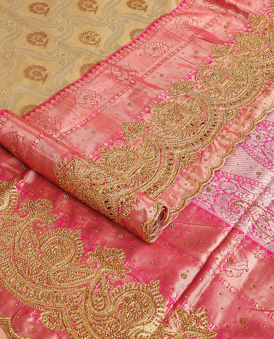Sandal floral jacquard vastrakala silk saree with stone work, contrast floral stone work scallop border & floral design in stone work pallu